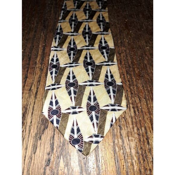 Parisian Signature Gold Yellow Burgandy White Brown Blue Silk Mens Neck Tie - Picture 2 of 3
